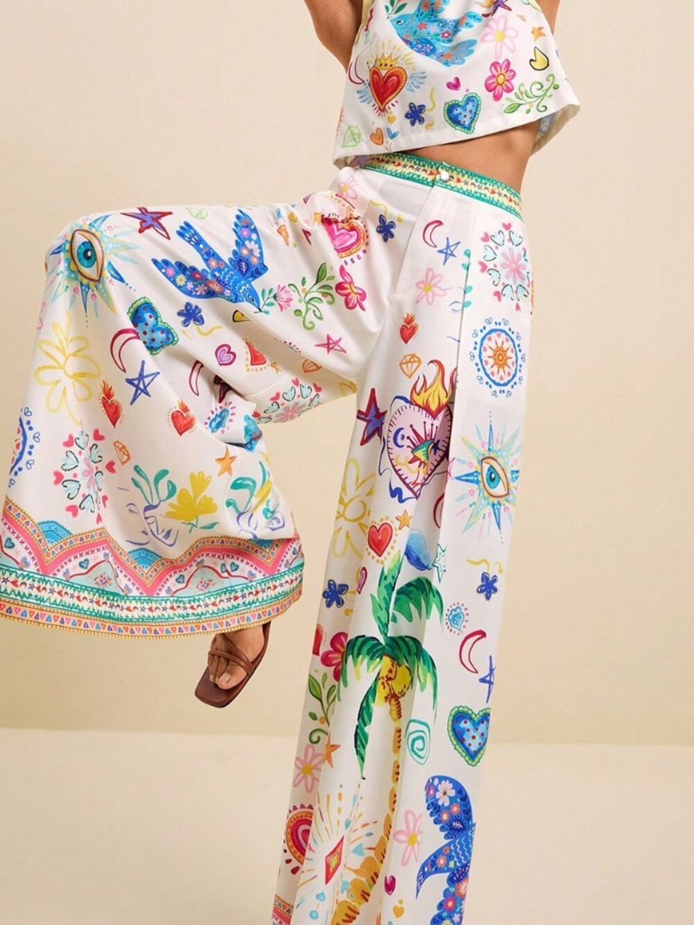 Multicolor Boho Women's Tropical Print Sleeveless Crop Top & Wide Leg Pants Set - Picture 6 of 9